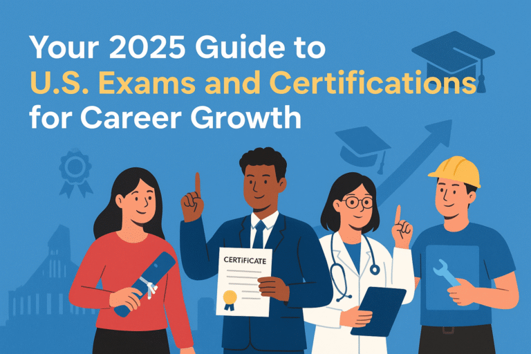 Illustration showing professionals earning certifications and diplomas in 2025 to boost their careers in the U.S.