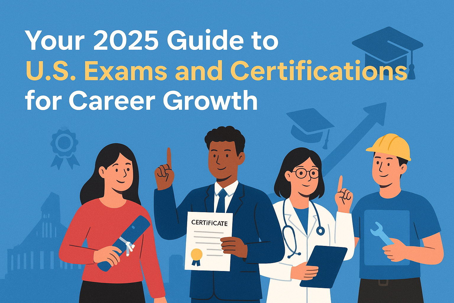 Illustration showing professionals earning certifications and diplomas in 2025 to boost their careers in the U.S.