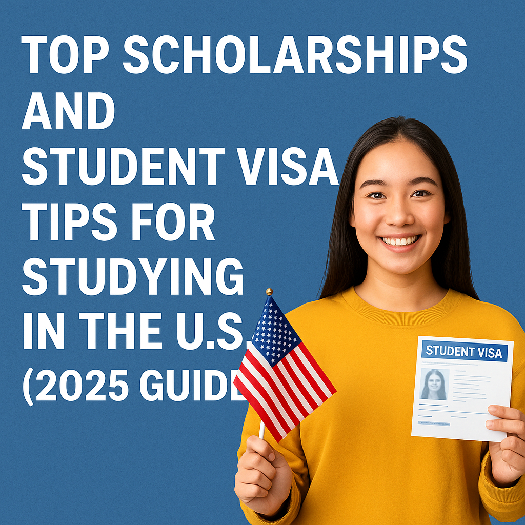 “International student celebrating U.S. scholarship approval with American flag and student visa documents.”