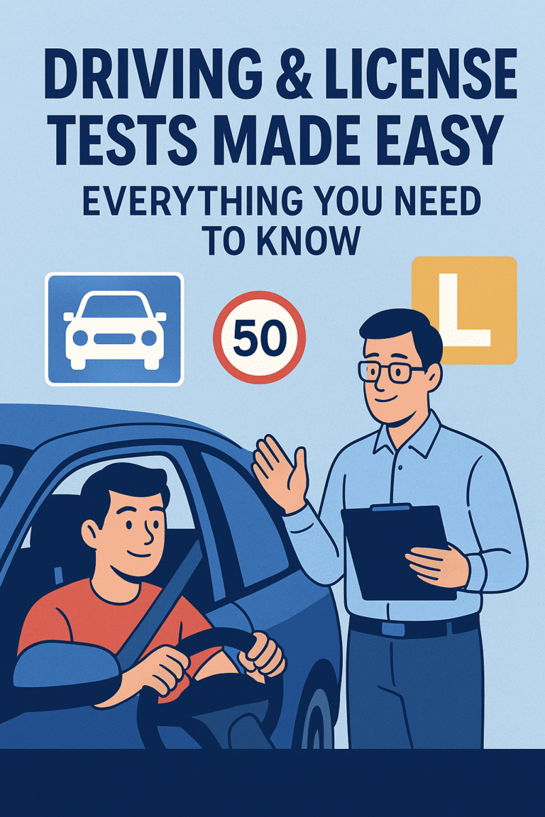 "Young driver taking a driving test with instructor beside car, holding clipboard."