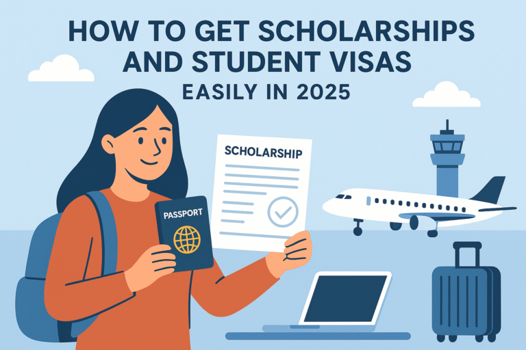 "Student holding passport and scholarship approval letter at airport, ready to study abroad."