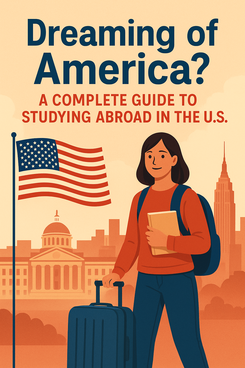 "International student with suitcase and U.S. flag background, excited to study abroad in America."