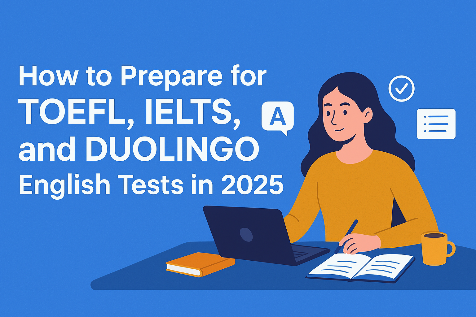 “Student preparing for TOEFL, IELTS, and Duolingo English exams in 2025 using laptop and study materials.”