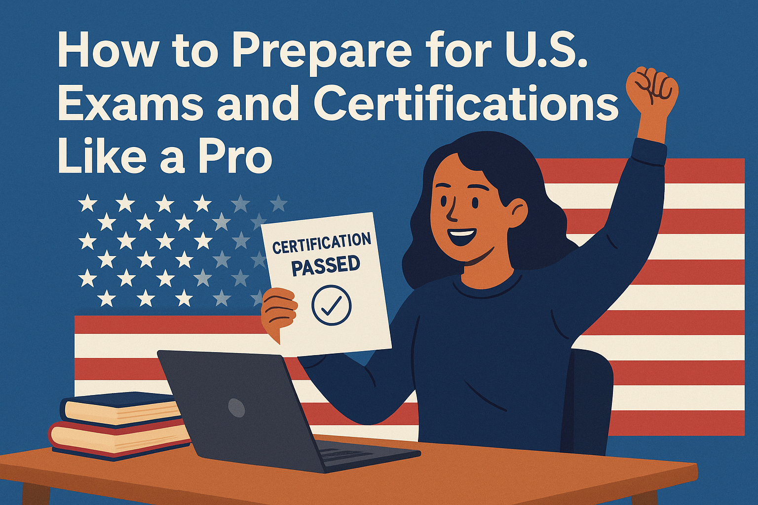 "Focused student studying for U.S. certification exam with books, laptop, and American flag background."