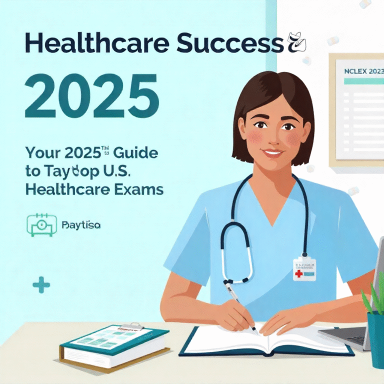Illustration of a nurse studying for NCLEX and CNA exams with medical icons and 2025 calendar.