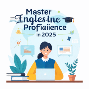 Student studying English with books, laptop showing TOEFL, IELTS, and Duolingo logos, and 2025 calendar in background.