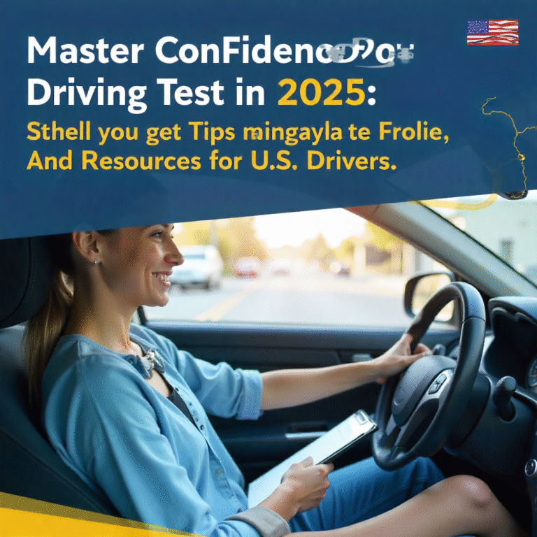 A young driver practicing parallel parking during a driving test in the U.S., with a DMV instructor taking notes beside the car.