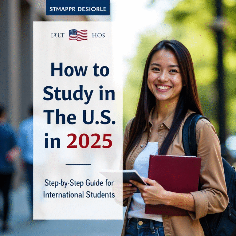 International students studying in the U.S. with graduation caps, American flag, and university campus in background."