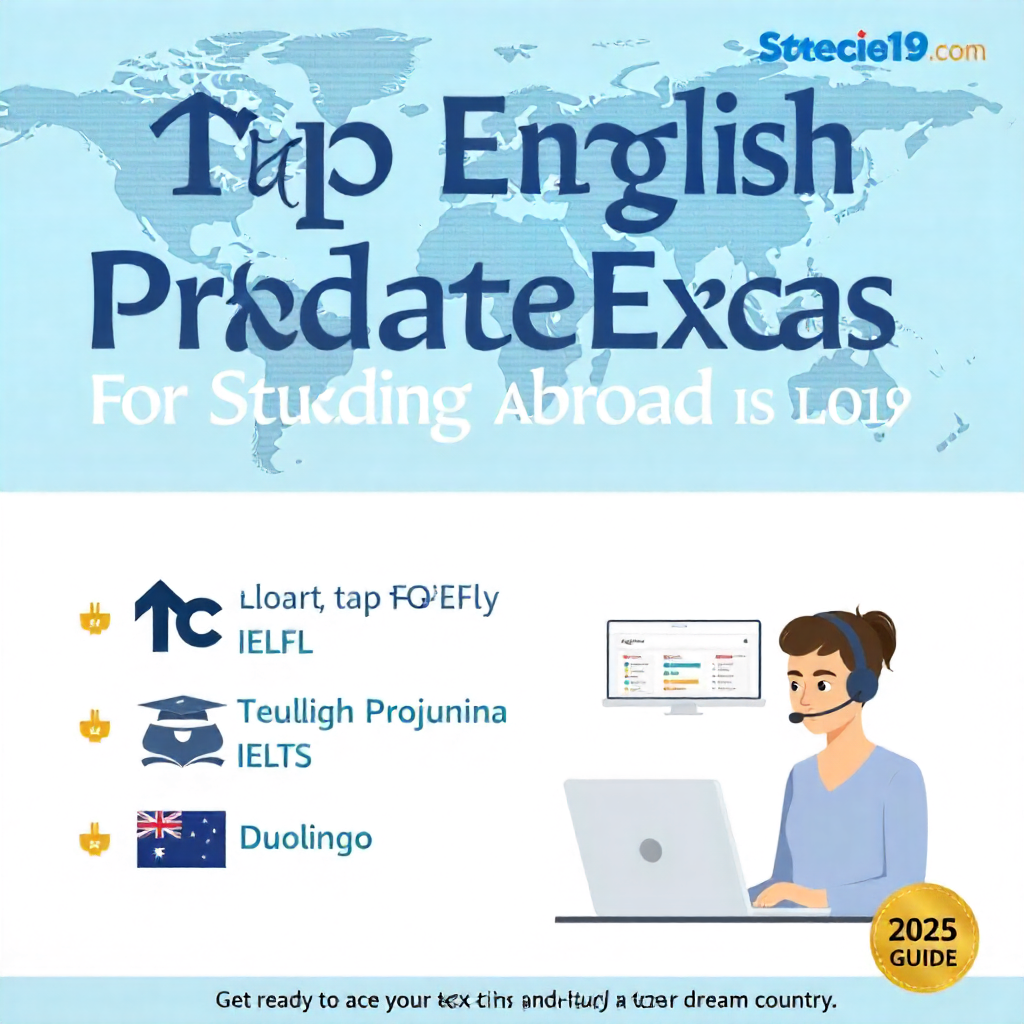 A student studying for English proficiency exams with books, laptop, and international flags in the background, representing TOEFL, IELTS, and Duolingo preparation in 2025.