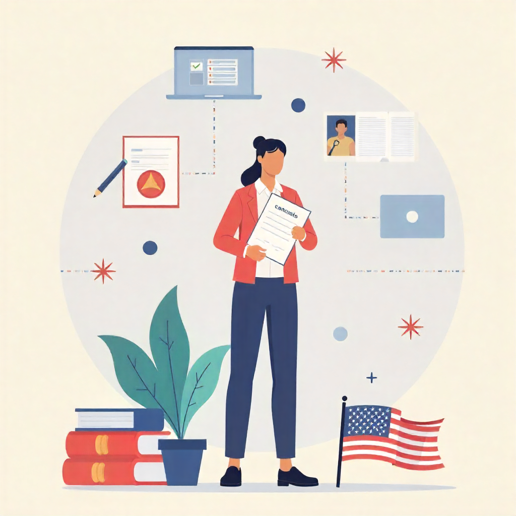 A professional student preparing for certification exams in 2025 with books, laptop, and U.S. flag background, symbolizing career growth opportunities.