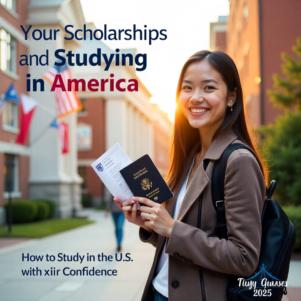 An international student holding a U.S. flag and university acceptance letter, standing in front of an American campus building.