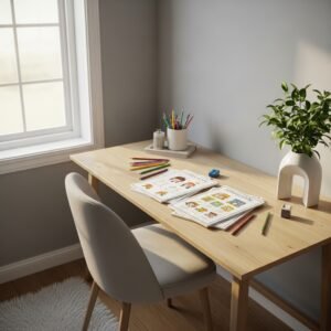 homeschool worksheets for kids on a wooden study desk